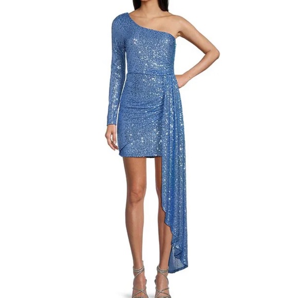 Xtraordinary One Shoulder Sequin Wrap Drape Mini Dress Blue Size 5 - Picture 1 of 16